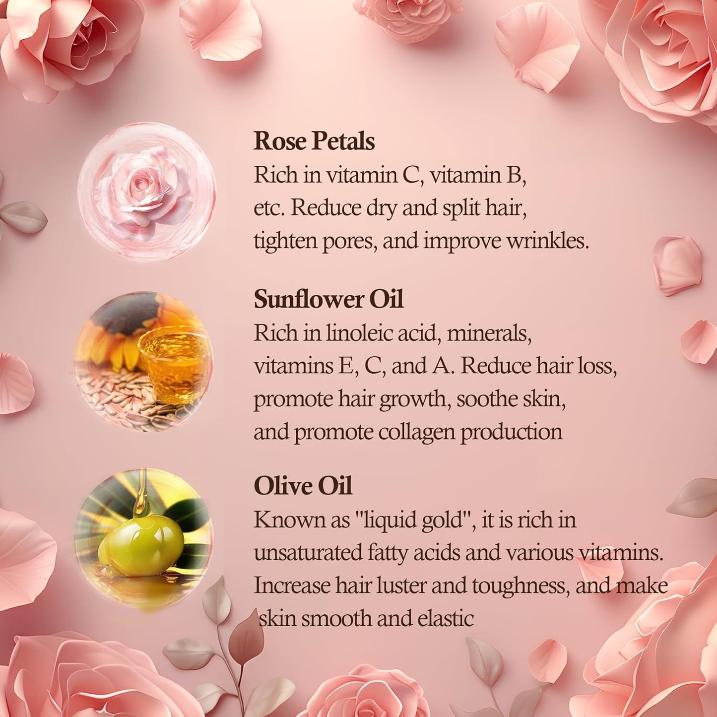 Rose Essential Oil with Flower Petal, Sunflower Seed, Olive Fruit Natural Massage Oils for Nails, Hair, Body, Face Moisturizing Skincare Oil Serum Dry Hair Strengthening Treatment All Types 30ml