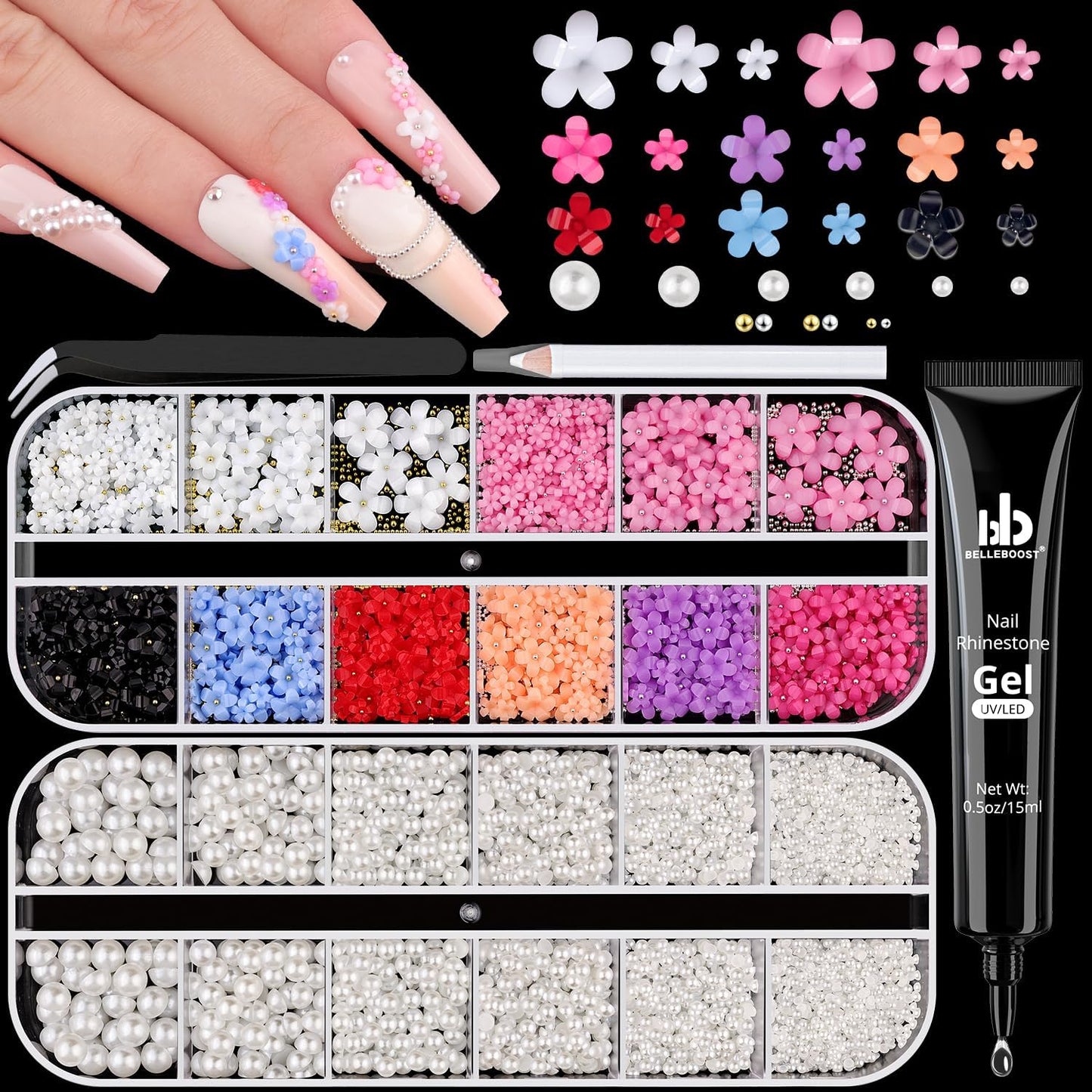 Pearls Nail Charms - White Flatback Pearls, 3D Flowers & Rhinestones Glue Gel for Nail Art