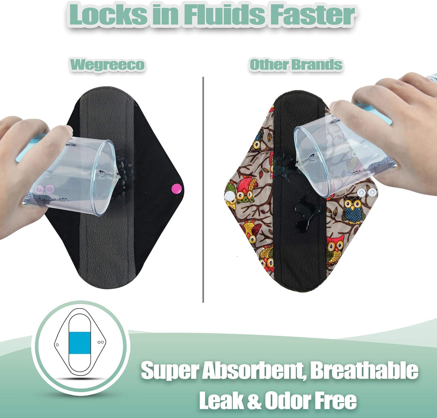 wegreeco Charcoal Reusable Menstrual Pads - Reusable Sanitary Pads | Reusable Panty Liners | Soft Cloth Menstrual Pad- 6 Pack with 1 Cloth Mini Wet Bag (Large, Black)