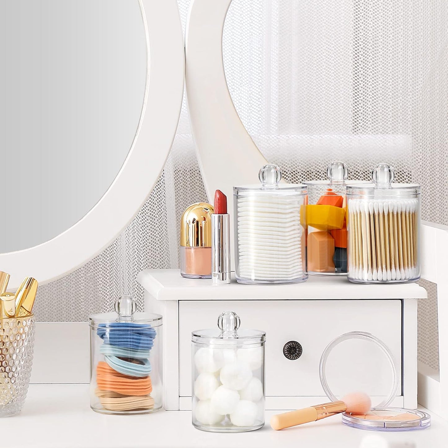 AOZITA 8 Pack Acrylic Qtip Holder Dispenser with Lids & Labels, Cotton Swab, Ball, Round Pads, Floss Picks Storage Canister - Clear Plastic Apothecary Jar for Bathroom Vanity Makeup Organizer