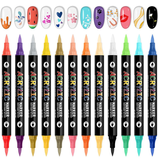 EBANKU 24 Color Nail Art Pens Set 3D Acrylic Paint Nail Art Quick-Drying Nail Point Dotting Liner Pen Sets for Home & Salon Nail DIY, 12 Count Double Headed Nail Pens