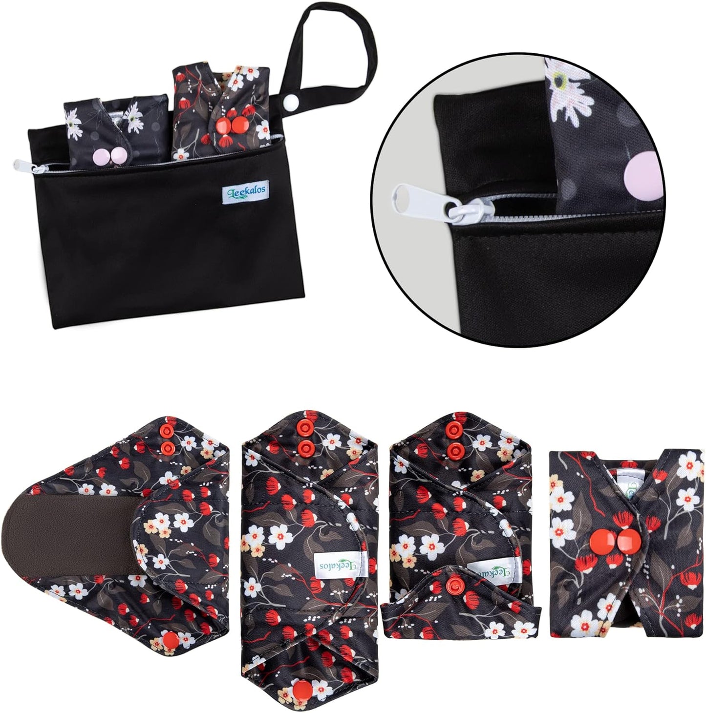 Leekalos Reusable Menstrual Pads - Bamboo Menstrual Cloth Pads | Light Incontinence Pads | Reusable Sanitary Pads - Pack of 6, 1 Cloth Mini Wet Bag