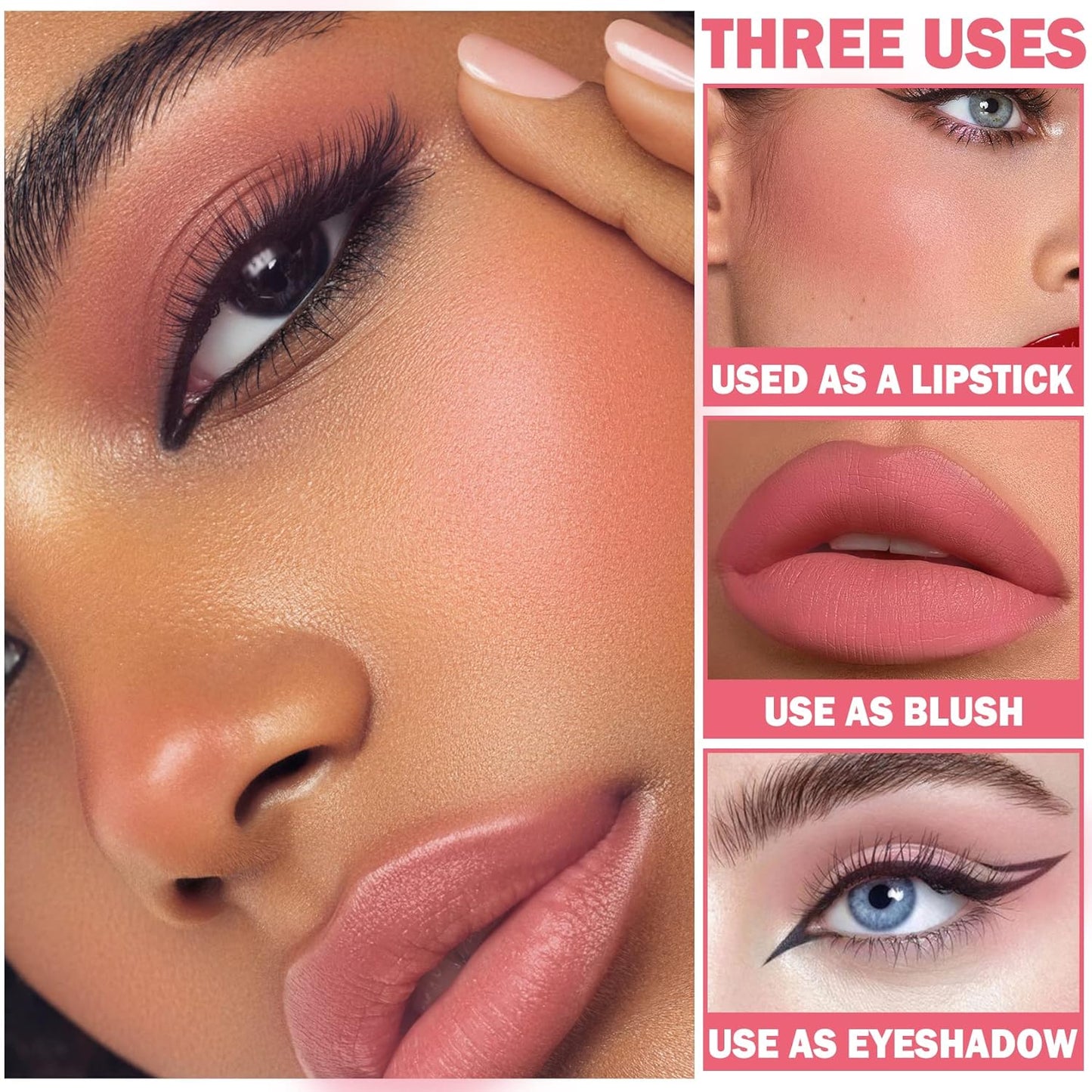 Cream Blush Stick with Brush, Waterproof, Long Lasting, Natural Finish, Rose Red - Compact Stick for All Skin Tones