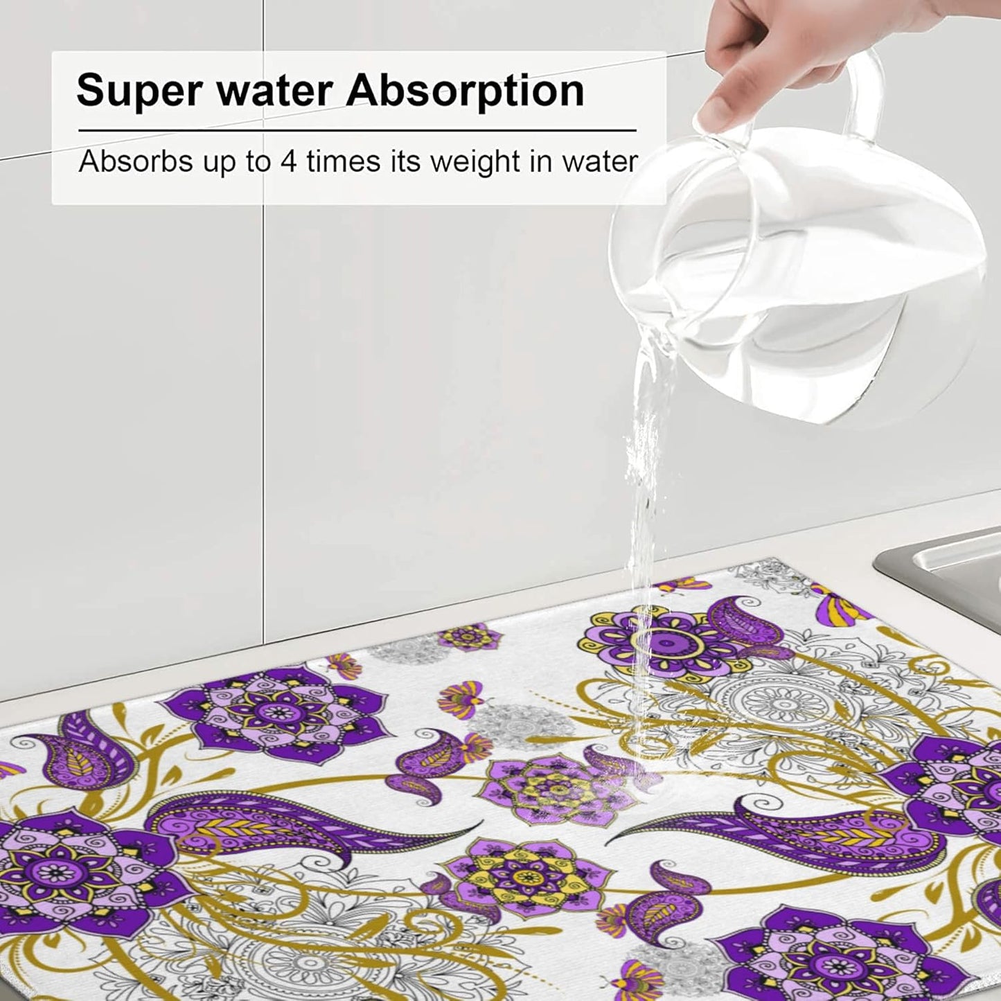 Purple Flower Kitchen Drying Mat Boho Floral Microfiber Dish Drainer Mat for Kitchen Counter Absorbent Reusable Washable 18x24 Inch Home Holiday Decor
