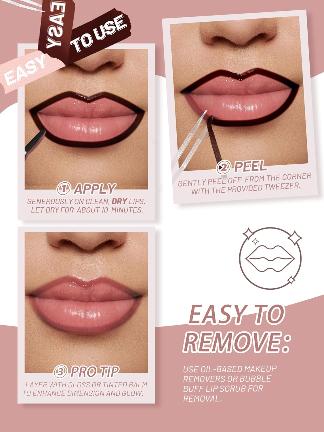 Lip Stain Peel Off Lip Liner Stain with Tweezer, Long Lasting Matte Lip Tint Tattoo, Highly Pigmented Color Lip Makeup, Waterproof Lipstick, Transfer-proof Lipstain for Women, Mauve