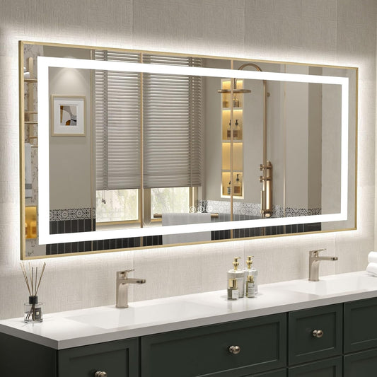 OKPAL 60x28 LED Bathroom Mirror Gold Metal Framed Front Light & Backlit, Lighted Vanity Mirror, Anti-Fog, Dimmable, 3 Colors, Shatterproof, ETL Listed, Horizontal/Vertical