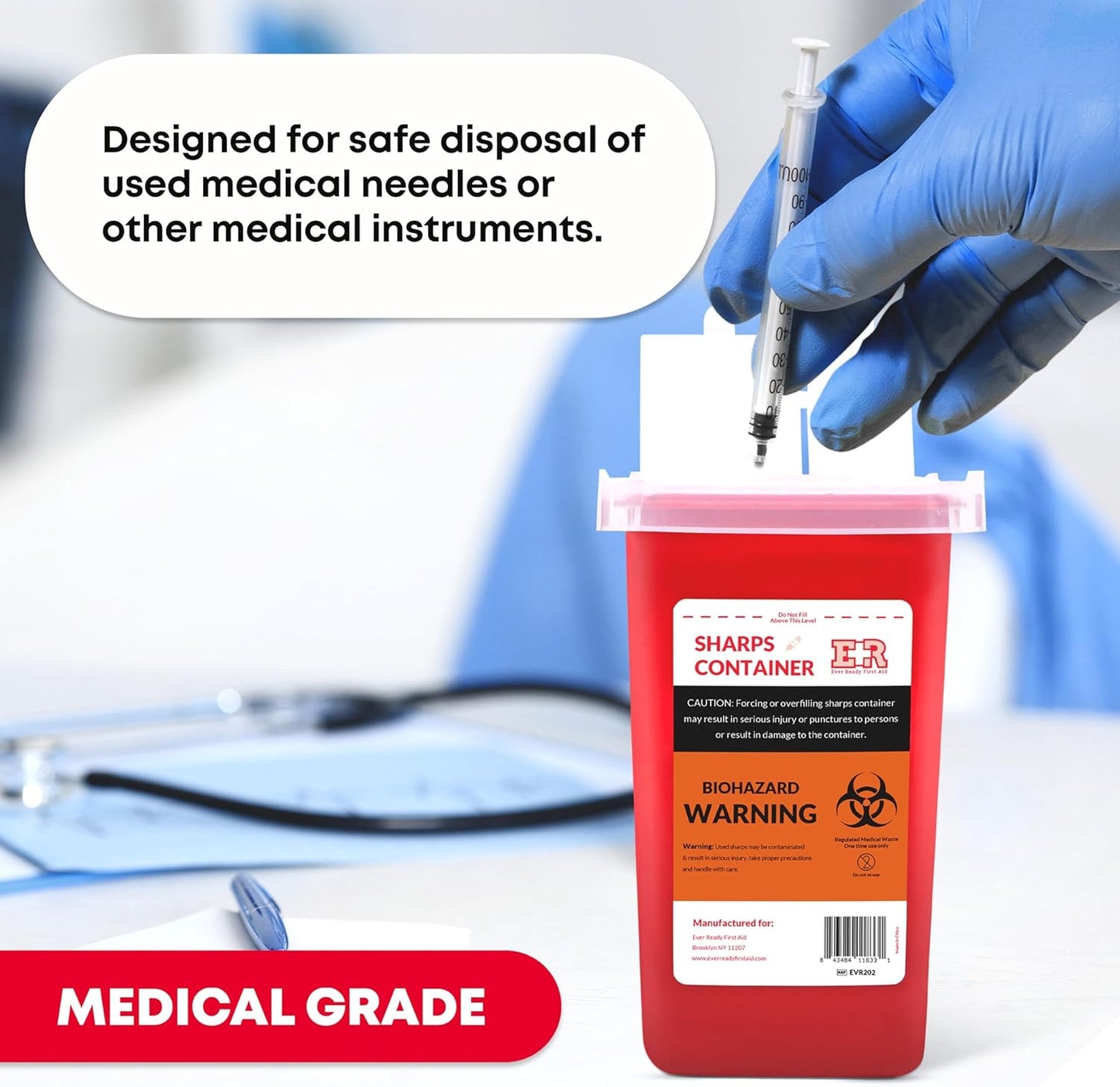 Ever Ready First Aid Sharps Container with Split Lid Design and Locking Mechanism for Sharp Waste Disposal, 1 Quart - 6 Count