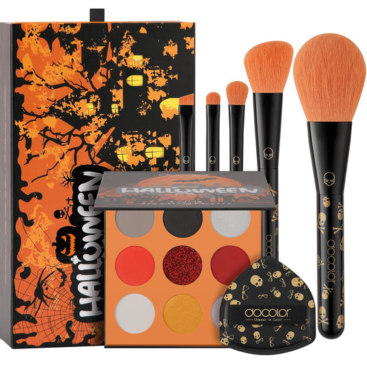 docolor Makeup Brush Set,5PCS Halloween Goth Makeup Brushes Powder Contour Eyeliner Brow Eyeshadow Brush Set with 9 Colors Halloween Eyeshadow Palette,1PC Makeup Sponge Puff&3PCS Halloween Scar Tattoo