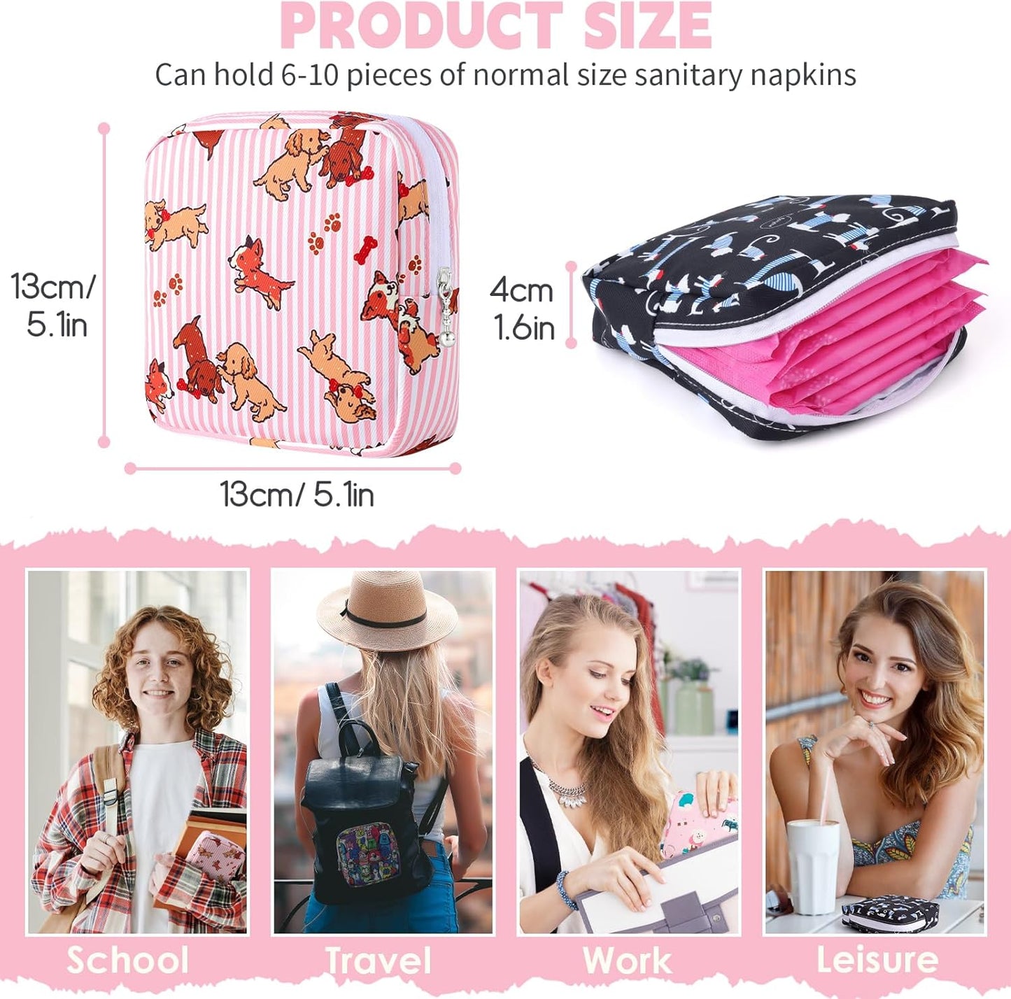 Desing Wish Sanitary Pad Storage Bag Portable Period Bag for Teen Pads/Sanitary Napkins/Small Tampons, Sanitary Napkin Storage Bag First Period Gifts for Teen Girls (Trend Music Dog)