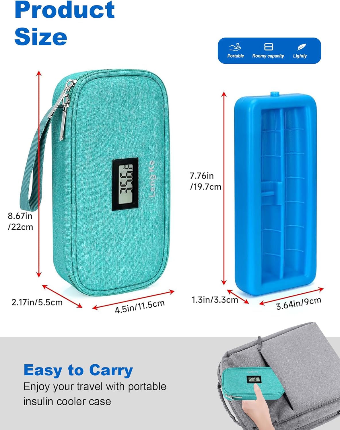 Insulin Cooler Travel Case for Pen & Vials - TSA Approved Temperature Display Diabetic Medication Cooling Bag with Protective Ice Brick, Refrigerated Diabetes Supplies Carrying Organizer(Green)