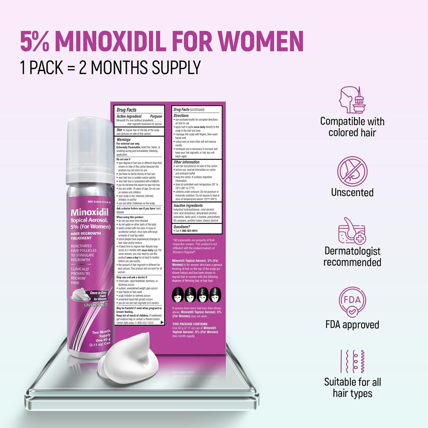 Taro Minoxidil for Women, 2.11 Oz (2 Months Supply) Clinically Proven to Regrow Hair, Topical Aerosol Foam 5%, Hair Thinning Treatment