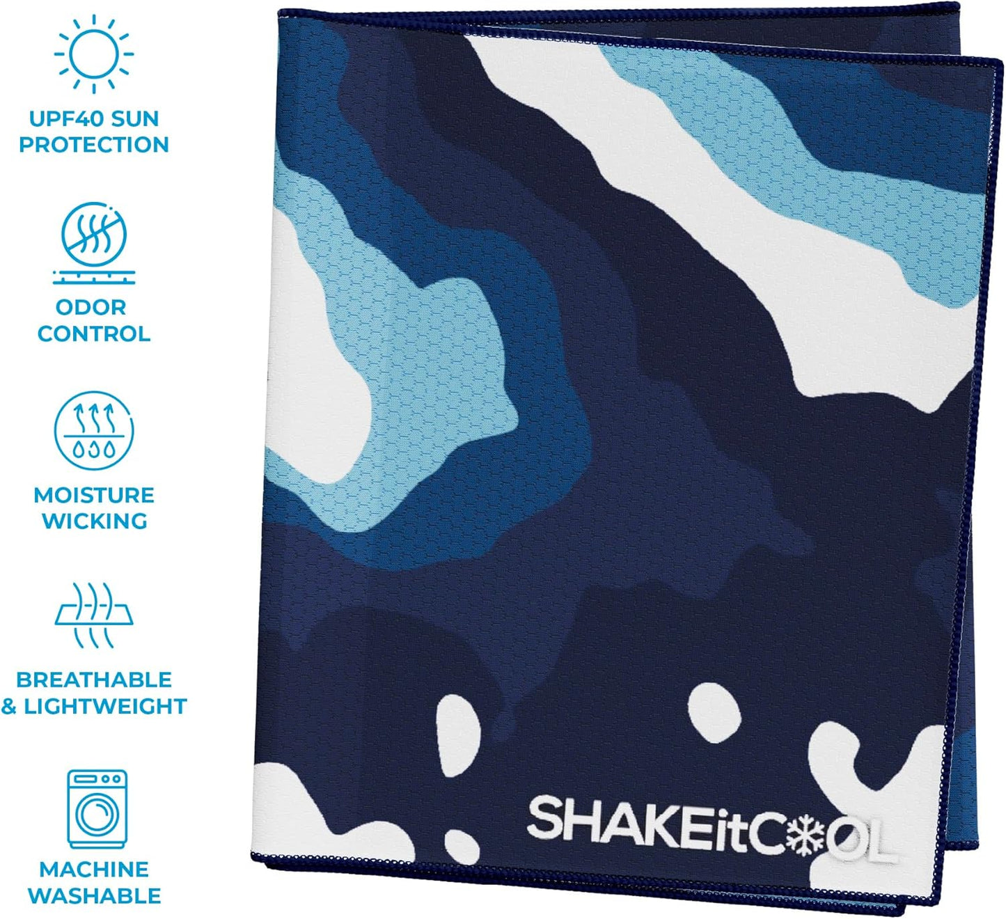 SHAKEitCOOL Extended Size Cooling Towel – Be Cool in Style - Heat Relief, Soft, Lightweight, Sun Protection, Easy Clean - Perfect for Biking, Hiking, Running, Yoga, Golf, Gardening - Blue Ocean M