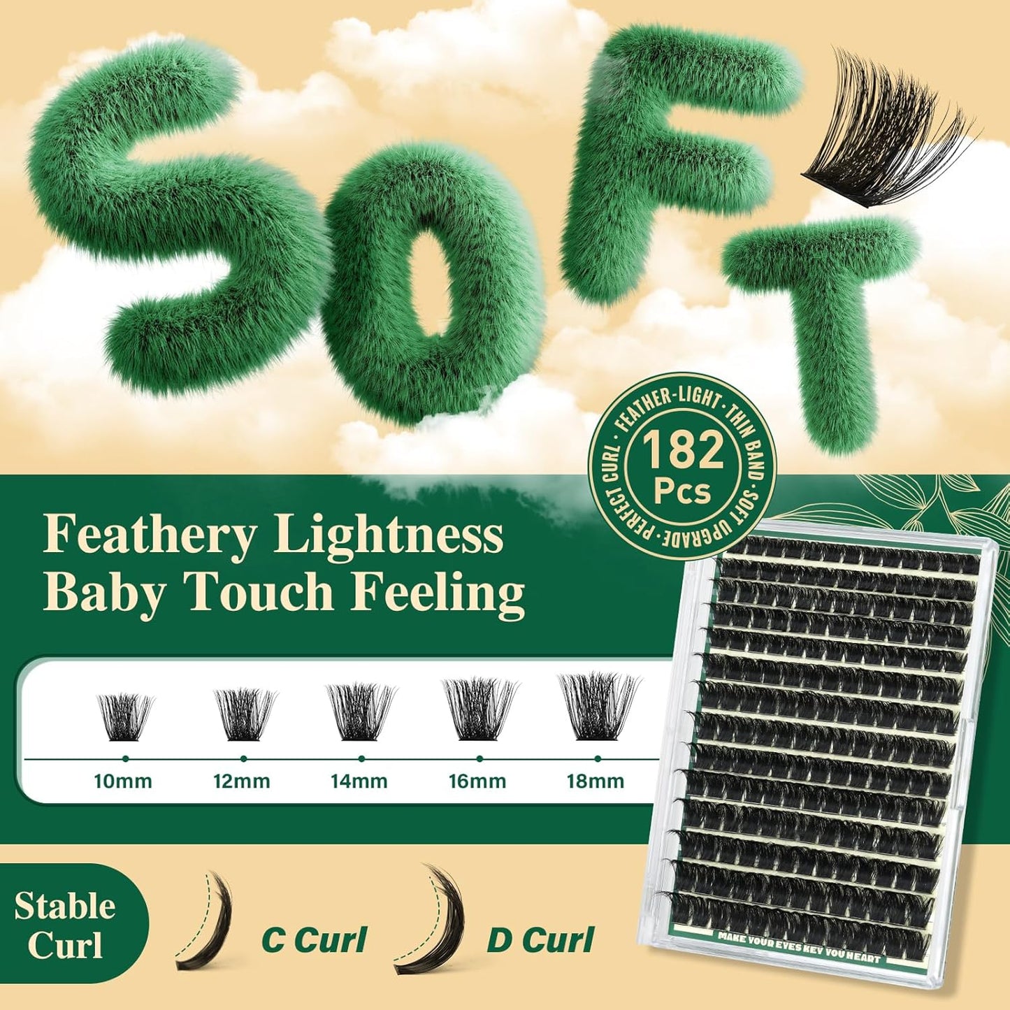 KEYYOU DIY Lash Extension Kit 182pcs Soft Lash Clusters 200D Curl Easy to Apply with Lash Bond and Seal Lash Applicator Lash Remover Eyelash Extension Kit at Home(RMkit-200D-D-10-18mix)