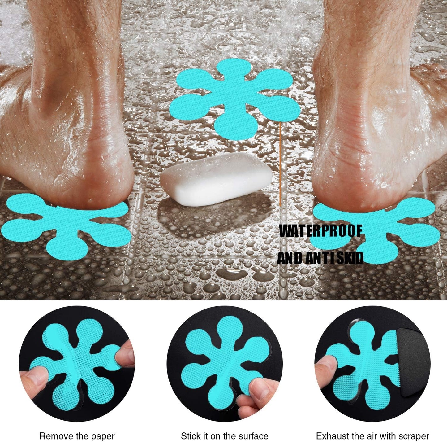 Bathtub Stickers Non-Slip, 24 PCS Safety Shower Treads Adhesive Appliques with Premium Scraper (Blue)
