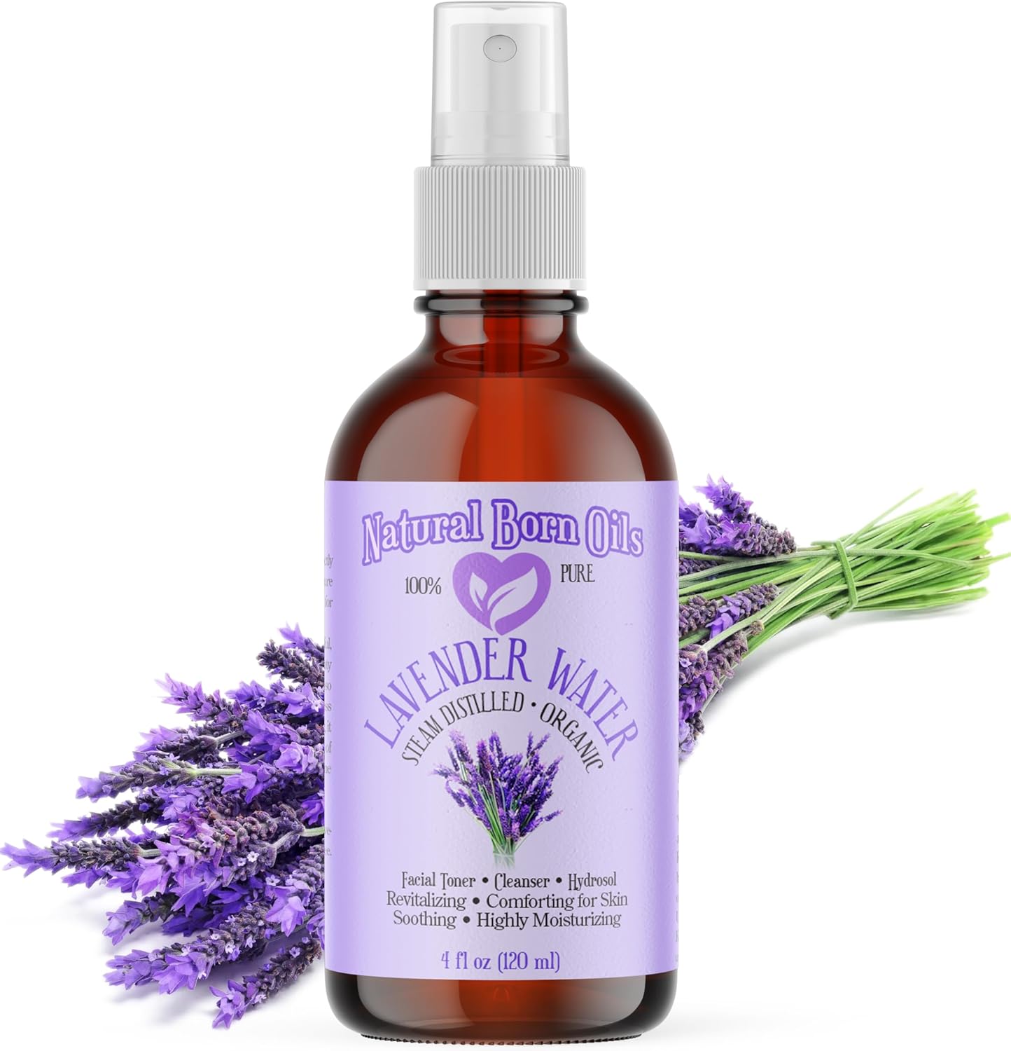 Natural Born Oils 4oz Lavender Water Hydrosol, 100% Pure and Natural, Organic, Steam-distilled, Facial Toner Cleanser, with Sprayer