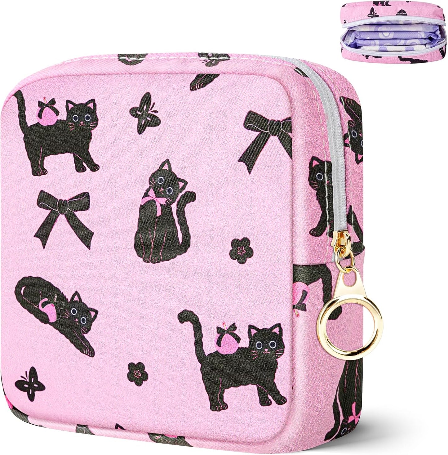 Tampon Holder for Purse, Canvas Period Bag Sanitary Napkin Storage Bag for Girls Womens, Portable Feminine Emergency Pad Period Pouch(Bow-Tie Black Cat)