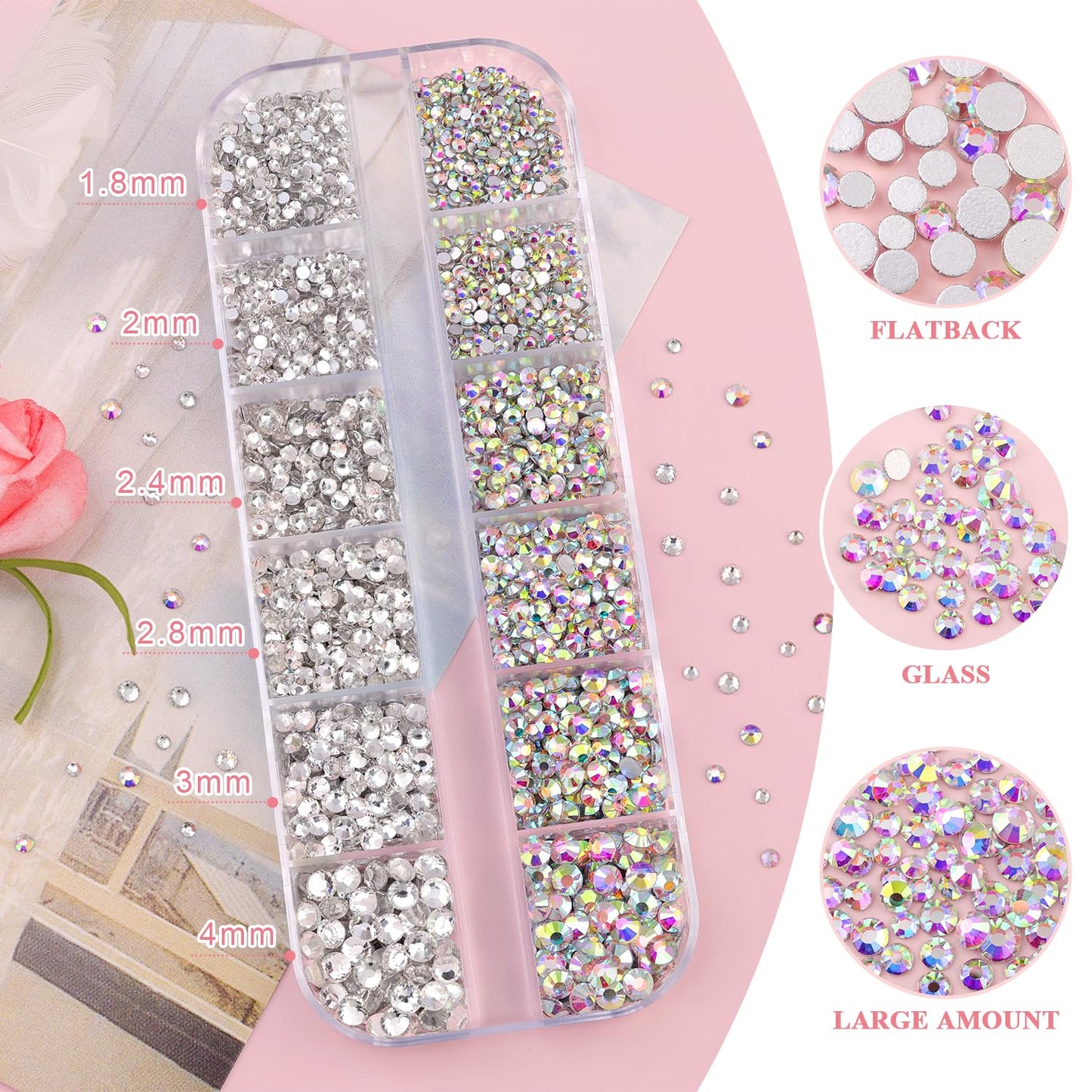 3600pcs Glass AB and Transparent White Nail Rhinestones 6 Sizes(1.8/2/2.4/2.8/3/4mm) Flatback Crystal Nail Charms Jewels Decoration for Nail Art and Crafting, Tweezer and Pickup Pen included