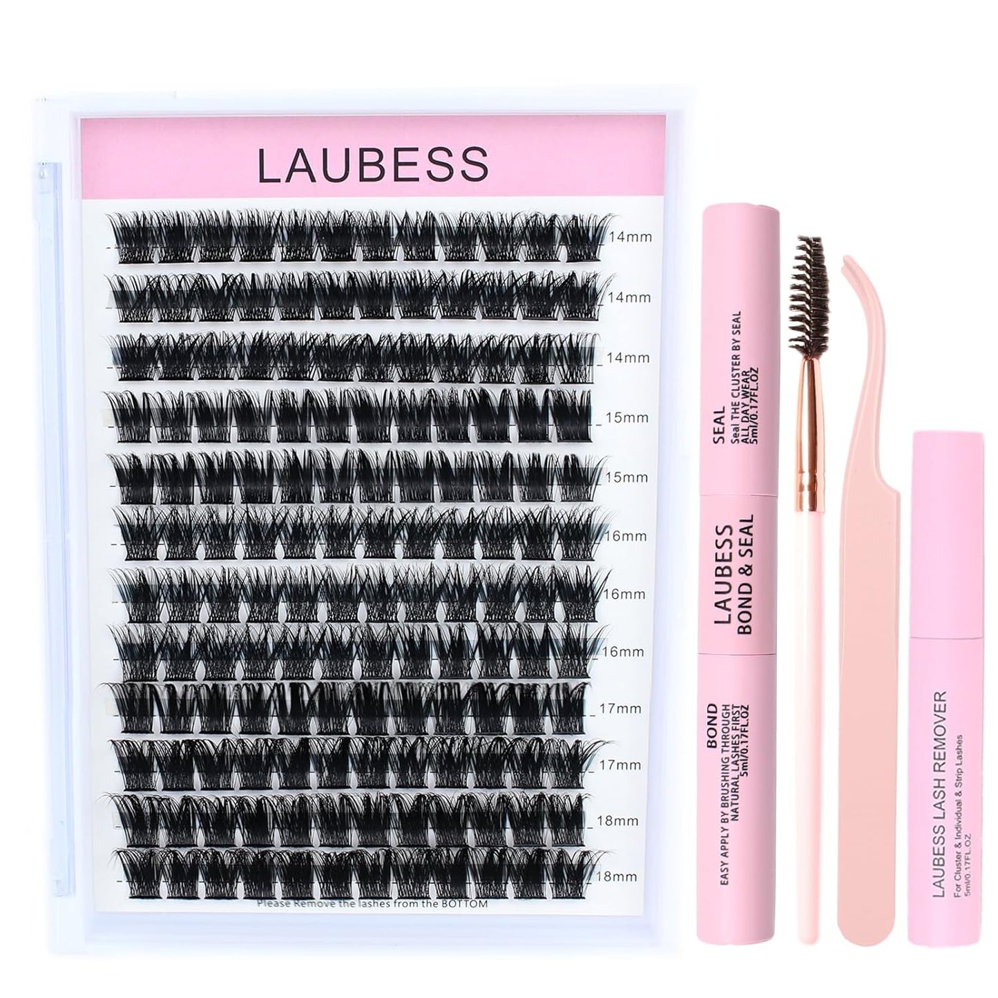 Lash Clusters Kit LAUBESS DIY Lash Extension Kit Lash Bond and Seal Waterproof Lash Glue Remover Tweezers Brush Cluster Eyelash Extensions Kit Eyelash Clusters (Kit 03-D-Mix8-14)