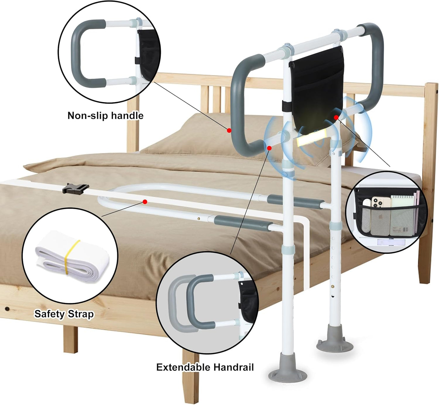 Bed Rails for Elderly Adults Safety - Elderly Assistance Products, Bedrails for Rlderly Adults Grab Bar Bed Handrails, Bed Rail with Pocket, Motion Sensor Light Fits King, Queen, Full, Twin (White)