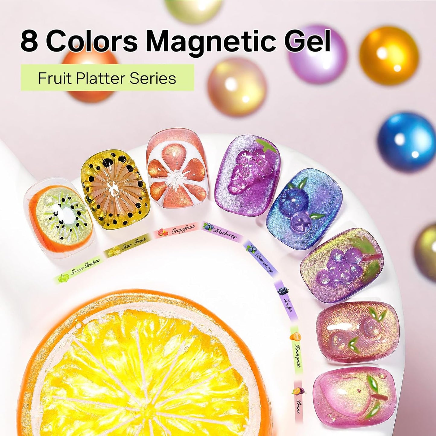 MIZHSE Cat Eye Gel Nail Polish, Fruit Colors Magnetic Gel Polish Set with Magnet, Neon Cateye Effect Green Purple Yellow Soak Off Nail Art Manicure Home Gift for Ladies