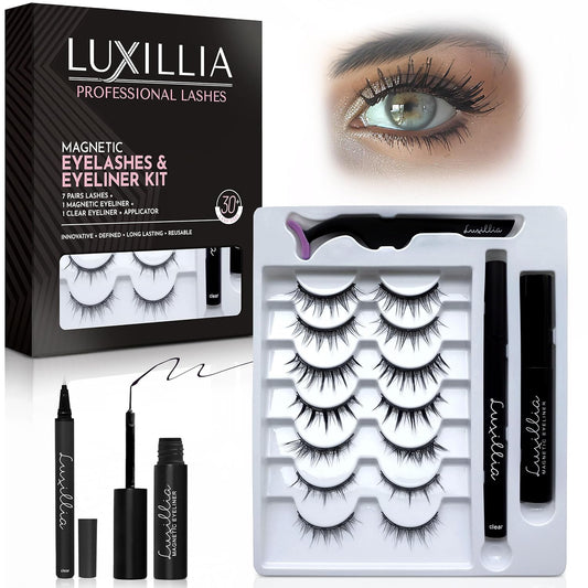 Luxillia Magnetic Eyelashes Kit – 10 Piece (Clear & Black) Magnetic Eyelash & Eyeliner Set with Applicator – Natural Look Easy Apply Reusable Fake Extension Lashes, No Glue – Pestañas Naturales