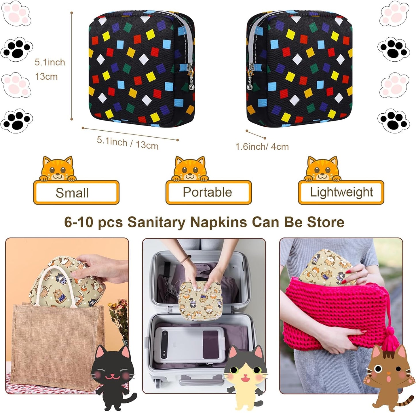 Period Bag Pouch, Canvas Sanitary Napkin Storage Bag for Girls Womens, Portable Sanitary Napkin Period Pad Pouch for Purse, Small Make Up Bags(Black Diamond)