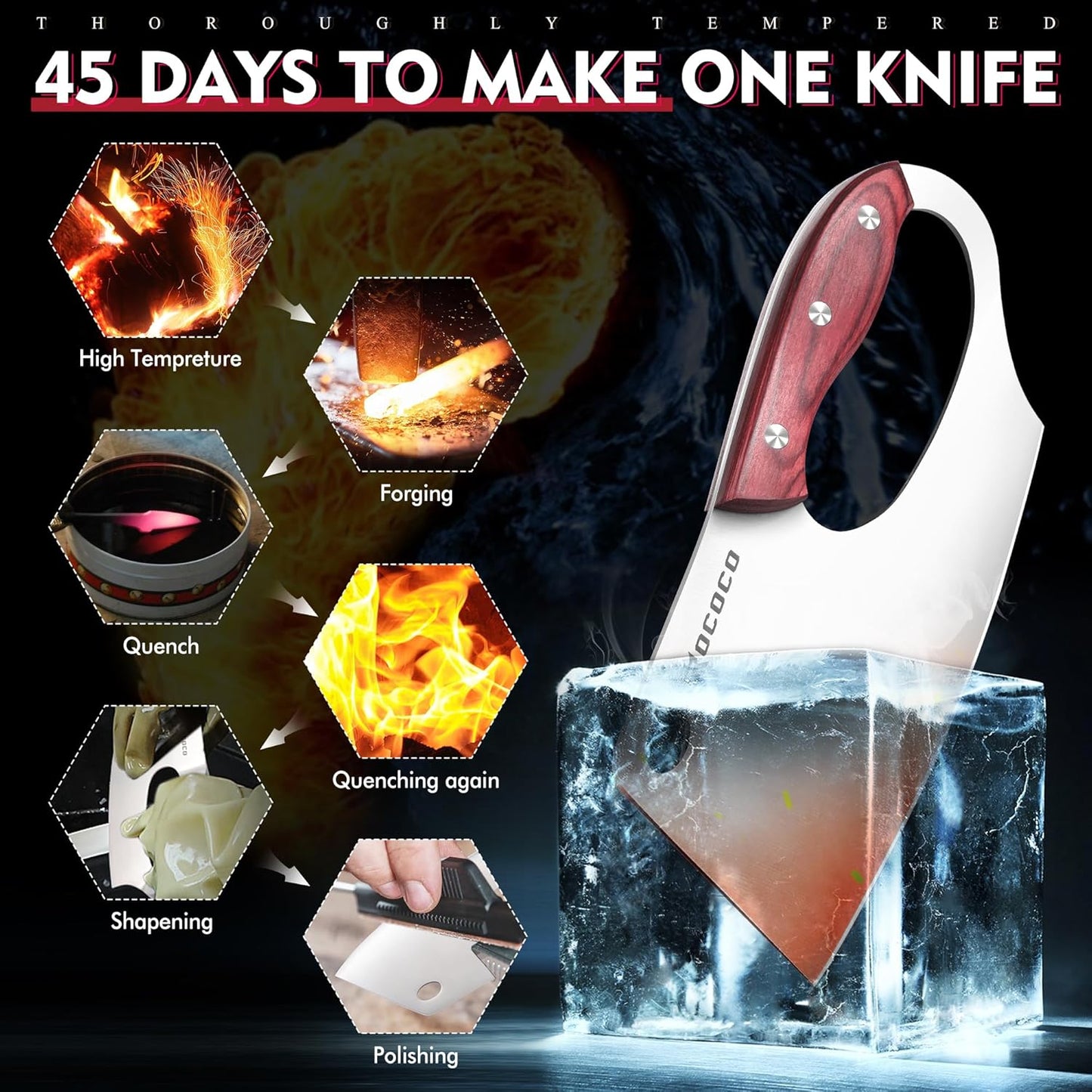ROCOCO Meat Cleaver Knife Unique Effort Saving Professional Stainless Steel Kitchen Chef Cooking Knives for Cutting Meat Vegetable Thanksgiving Christmas Gift Red Full Tang 7.48"
