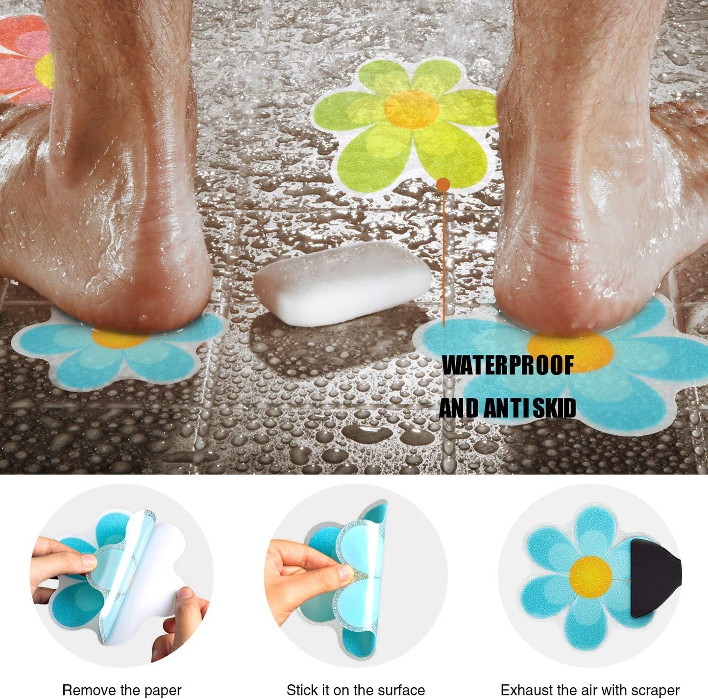 Original Bathtub Stickers Non-Slip, Safety Shower Treads Adhesive Bright Flowers Appliques with Premium Scraper