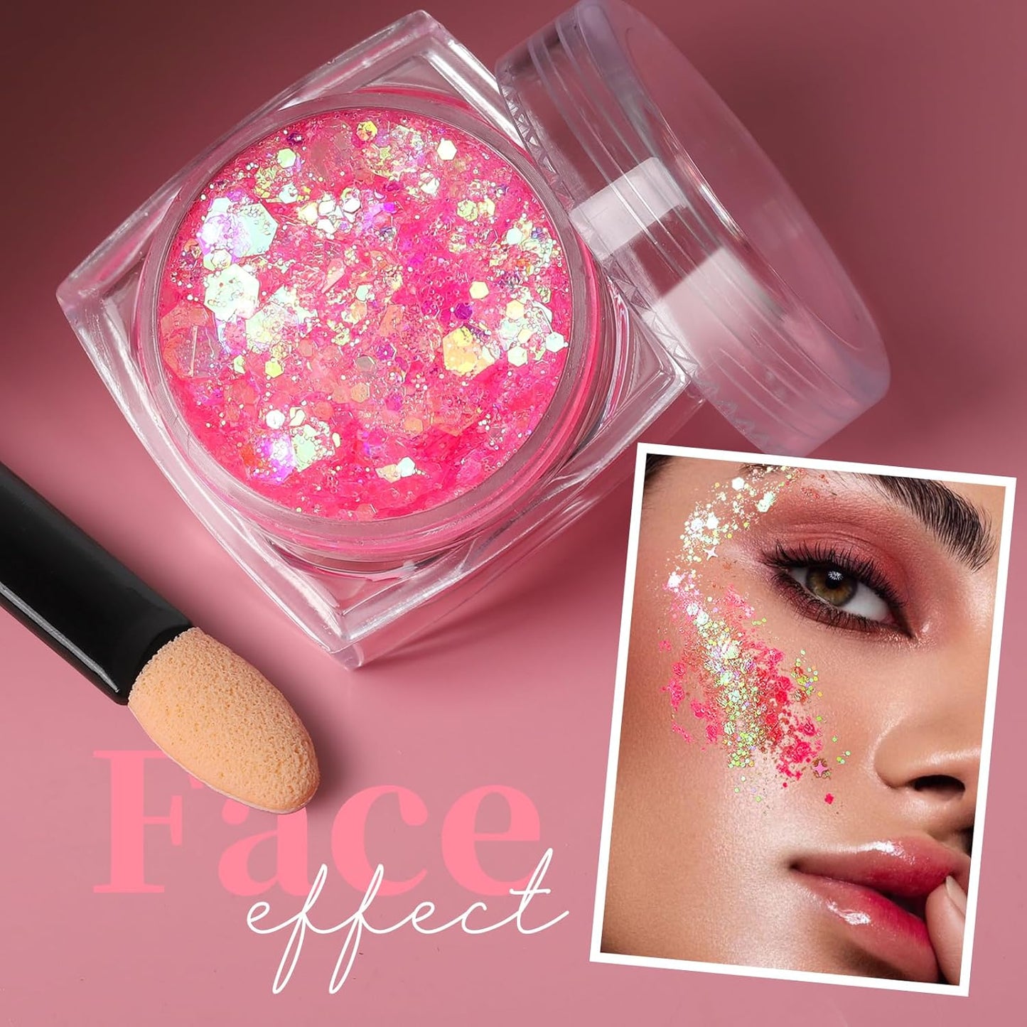 Teenitor Face Glitter, Pink Body Glitter Gel, Holographic Glitter for Face and Body, Hair, Gel Glitter Makeup for Festival Party Cheer Glitter