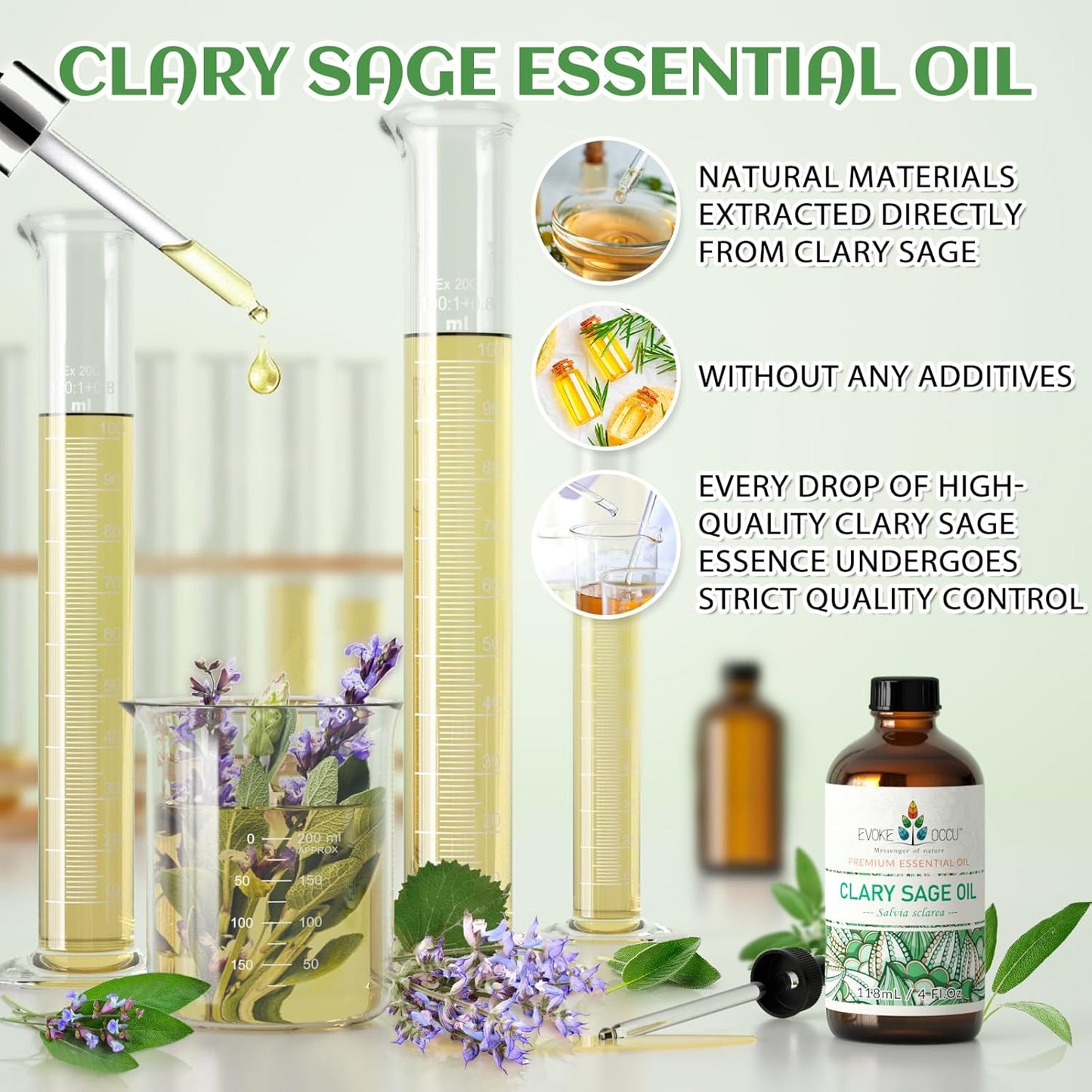 EVOKE OCCU Clary Sage Oil Essential Oil for Anxiety Relief, Moisturize Skin, Air Freshening, Add to Spray and Diffuser - 4 FL Oz