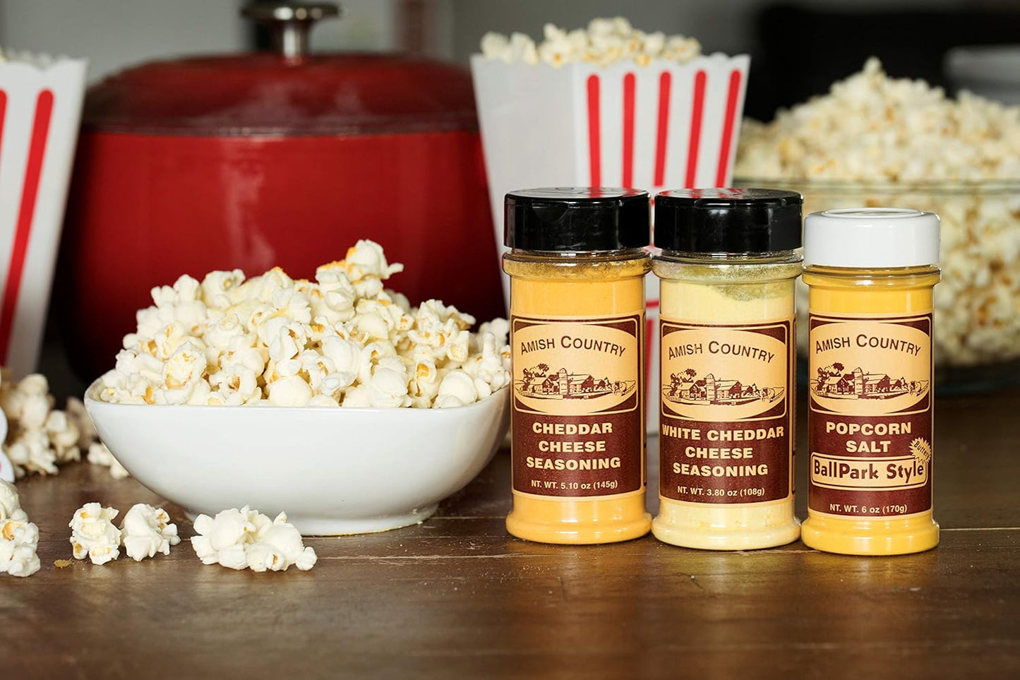 Amish Country Popcorn | BallPark Style Buttersalt - 5.5 oz, Cheddar Cheese - 4.7 oz & White Cheddar Cheese - 3.8 oz Popcorn Seasoning | Old Fashioned, Non-GMO and Gluten Free