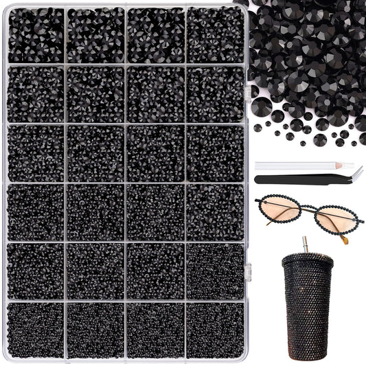 25000Pcs Resin Jelly Rhinestones with Tweezers for Crafting, 2-6mm Mixed Sizes (Black) Non Hotfix Flatback Gems, Bedazzling Crystal for DIY Crafts Clothing Tumblers Mugs Shoes Decor Nail Art