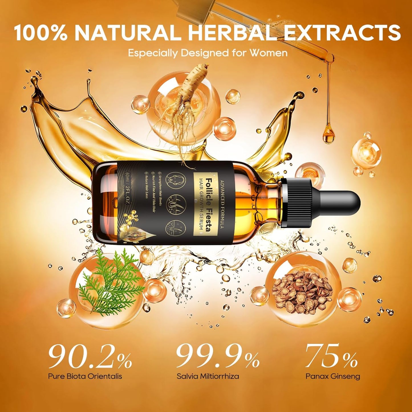 Hair Growth Serum Oil for Women, 100% Veganic Natural Herbal Extracts, Root Revive Visibly Thickening Fuller Hair, Scalp Follicle Stimulator Serum for Hair Loss/Shedding,Thin, Dry & Damaged Treatment