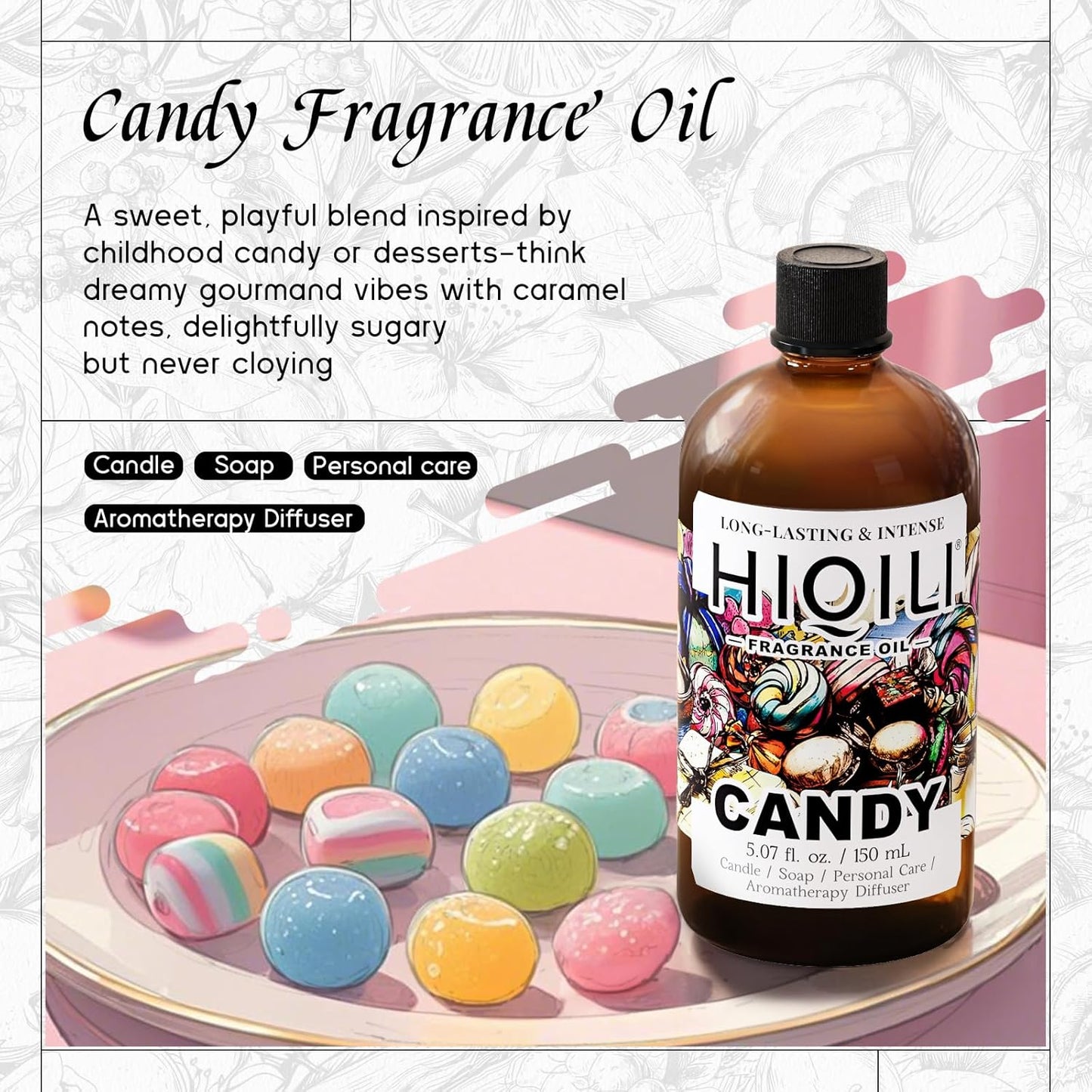 HIQILI Candy Fragrance Oil for Diffusers for Home, Sweet Scent, Perfect for Soap & Candle Making, Long-Lasting - 5.07 Fl Oz
