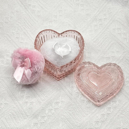 Body Powder Puff and Container - Glass Heart Dusting Powder Container with 2 Soft Puffs Vintage Powder Puff Case for Women & Girls-GRB007-Pink