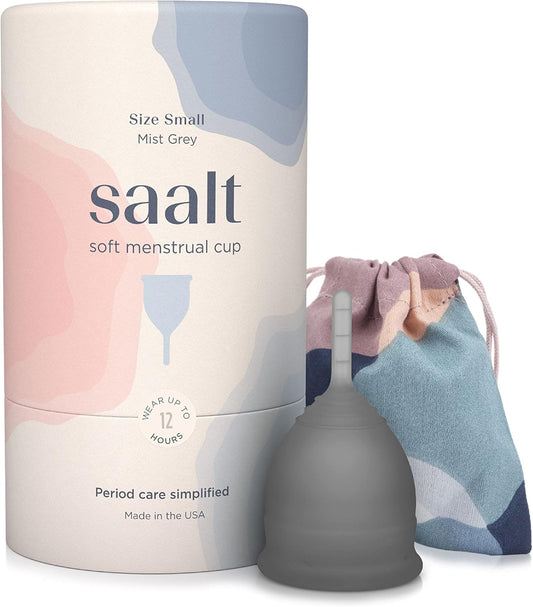 Saalt Soft Menstrual Cup – Reusable Period Cup – Made for Comfortable, Leak-Free Protection Up to 12 Hours – BPA & Latex Free – Includes Cup & Carry Bag (Small, Grey)