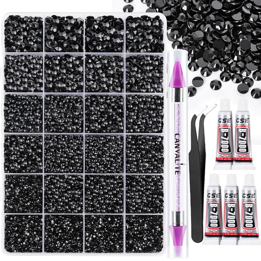 Canvalite 25000PCS Resin Jelly Rhinestones for Crafting, Black Flatback Gems, Bedazzling Crystal with 5x2.5g B7000 Jewelry Glue and Tweezers Dotting Pen for DIY Crafts Clothing Shoes Nail Art