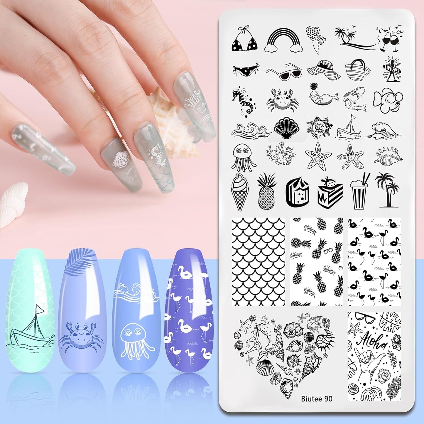Biutee Nail Art Stamping Plates Set 10PCS French Line Stamp Templates, Nail Stamping Kit with Silicone Nail Stamper for DIY Print Manicure Salon Design Gift In Home