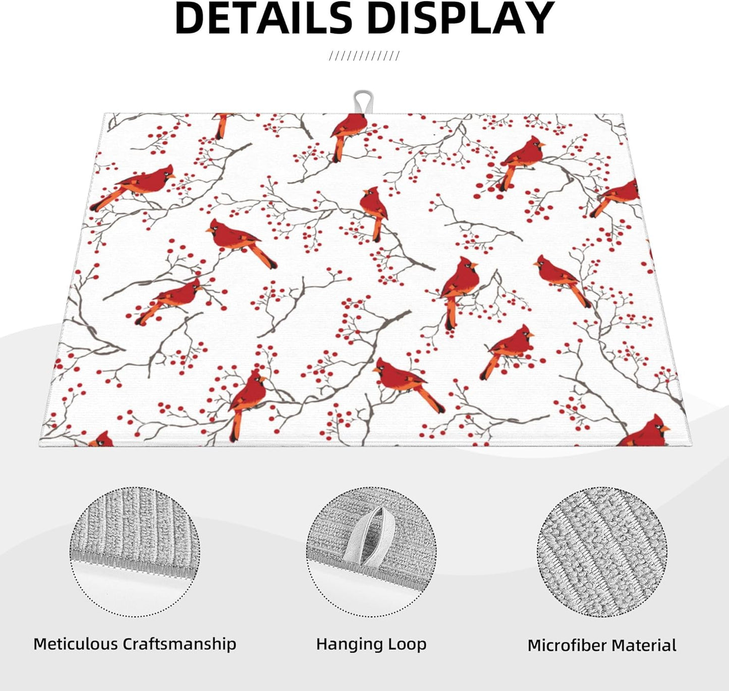 Cardinal Bird Red Berry Decor Microfiber Dish Drying Mat for Kitchen Counter Cute Dishes Pad Dish Drainer Rack Mats 18"x24" Absorbent Washable Reusable Home Holiday Decor
