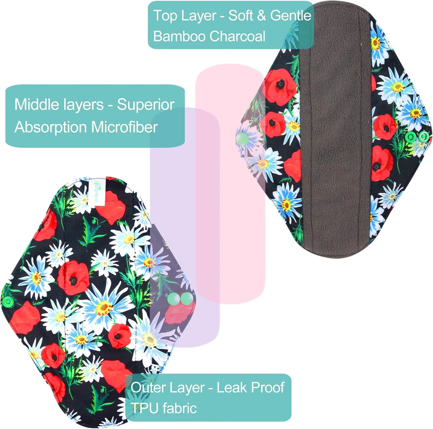 Leekalos Reusable Menstrual Pads - Bamboo Menstrual Cloth Pads | Light Incontinence Pads | Reusable Sanitary Pads - Pack of 6, 1 Cloth Mini Wet Bag