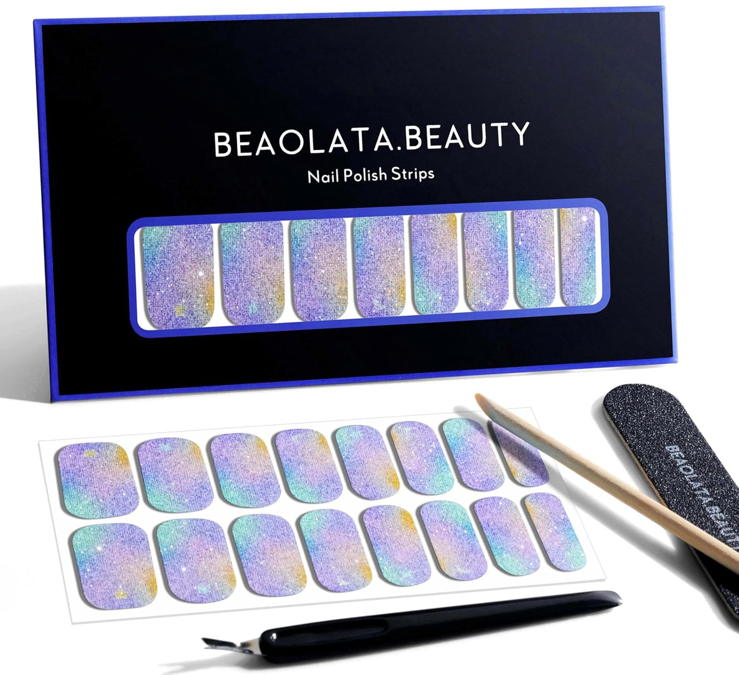 Nail Polish Strips, 32PCS Salon Quality Wraps, Long Lasting Gel Nail Stickers for Women Easy Apply& Remove (Fairies's Blue Glitter)