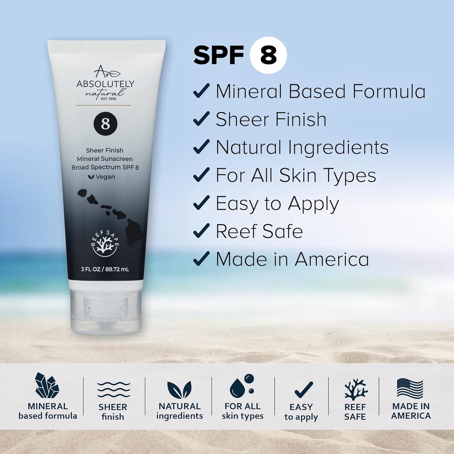 SPF 8 Mineral Sunscreen - Water Resistant Moisturzing Lotion for Body & Face - Non-Nano Zinc Oxide, Vitamin E - 3 Oz