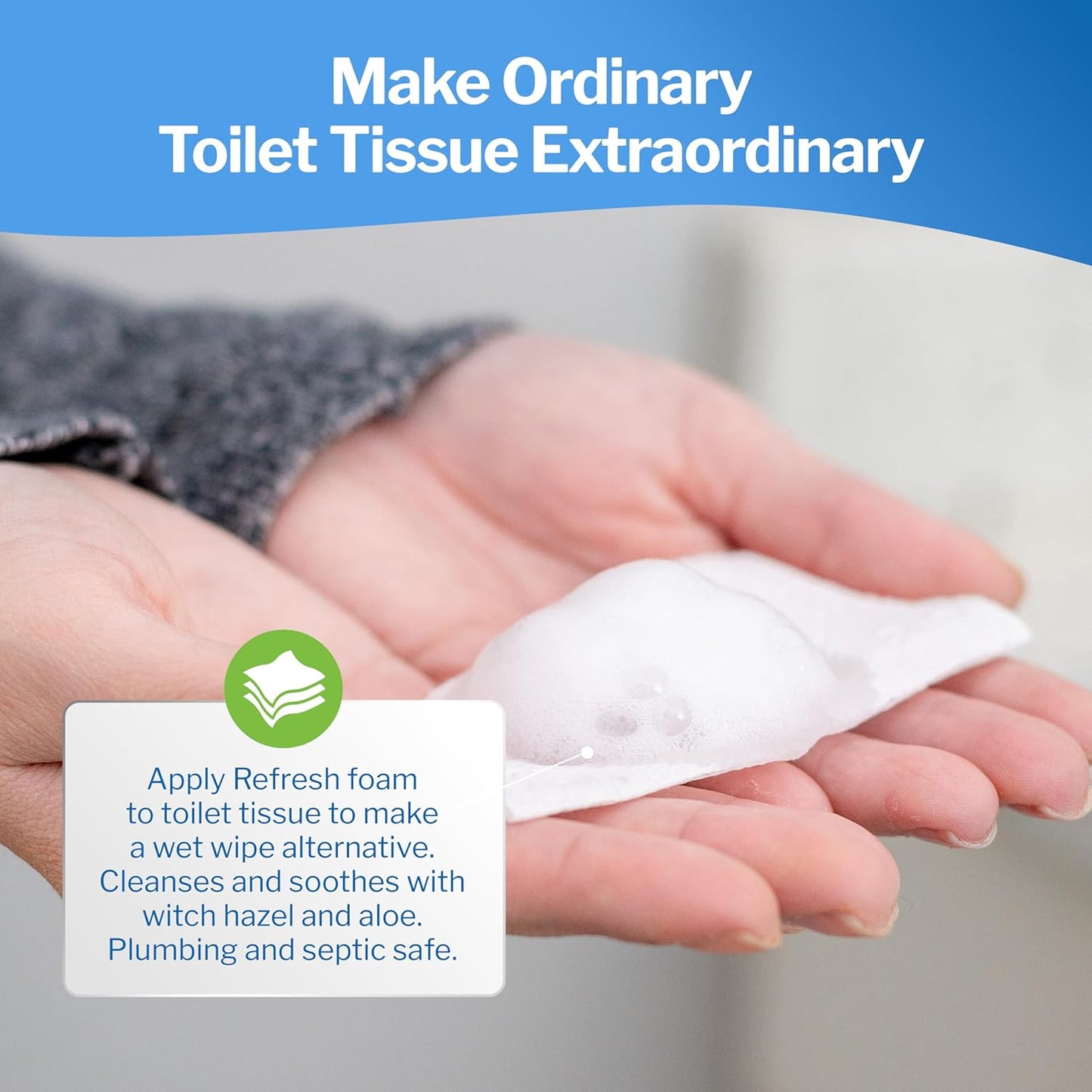 Refresh Liquid Wipe Toilet Paper Foam Refill (16 fl oz / 473ml) – Eco-Friendly Flushable Wet Wipe Alternative for Sensitive Skin with Aloe & Witch Hazel – Alcohol Free & Septic Safe