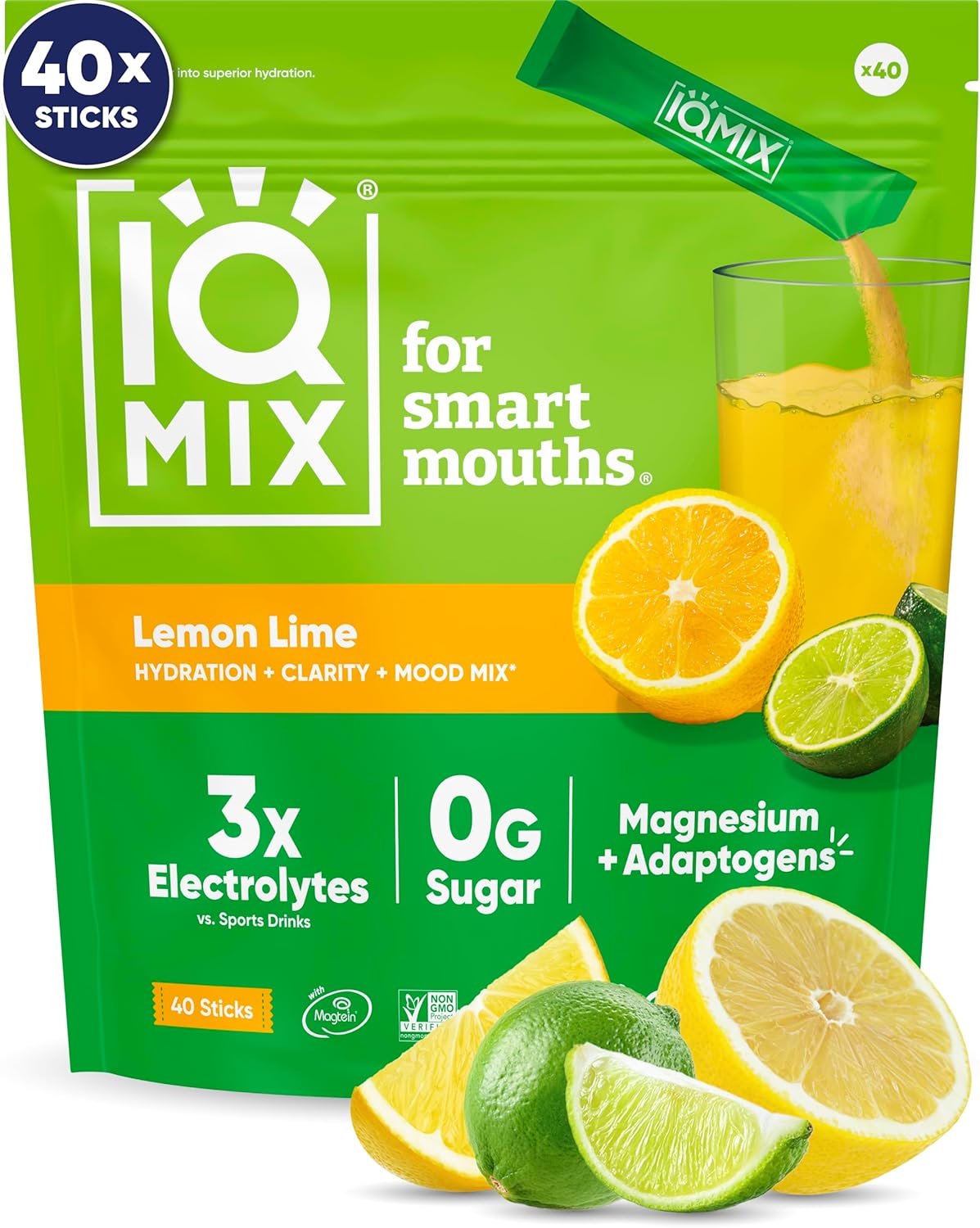 IQMIX Hydration Electrolyte Powder – 4-in-1 Formula for Hydration, Mental Clarity, Mood and Recovery – Sugar-Free Drink Mix, Keto, Magnesium L-Threonate, Lion’s Mane – 40 Count Lemon Lime