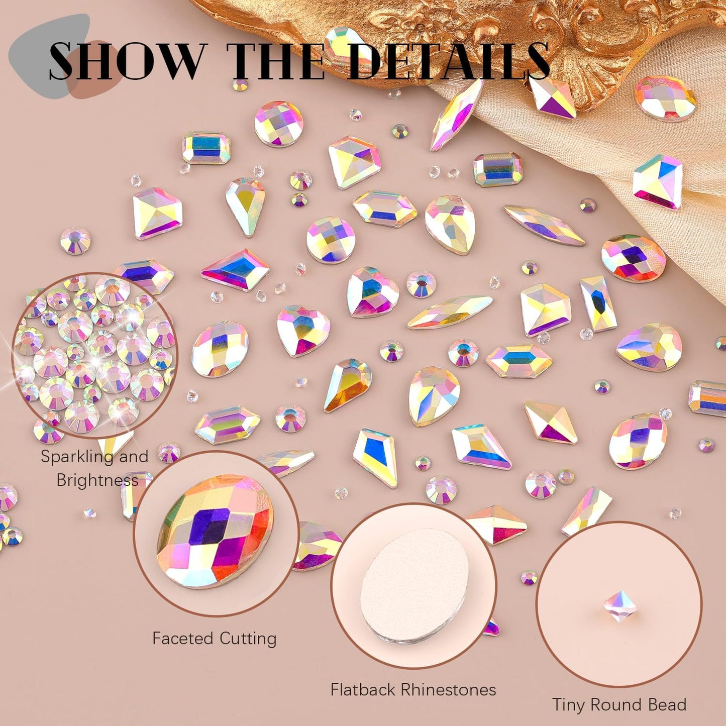 2060Pcs AB Glass Nail Rhinestones 60Pcs Multi Shapes Flatback Nail Gems + 2000Pcs 1.5-4mm Round Crystal, Manicure Nail Charms Diamond Gemstones for Acrylic Nails Decoration