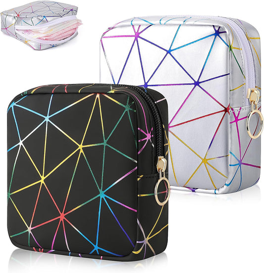 Desing Wish Sanitary Napkin Storage Bag, Menstrual Cup Pouch Nursing Pad Holder Tampon Bags Feminine Product Pouches Portable Period Kit Bag for Girls Women Ladies 2 Pack (Dazzling Black/Silver)
