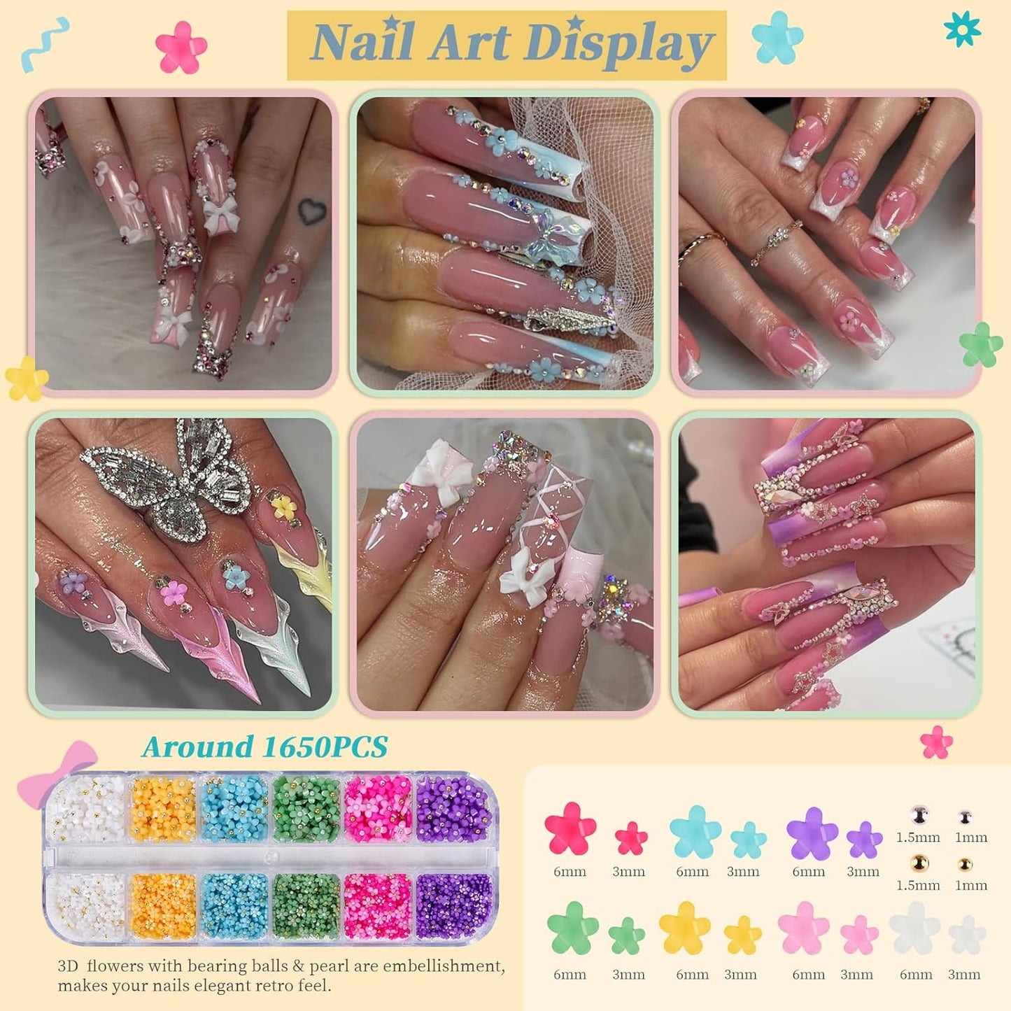 Nail Rhinestones , AB Crystal Nail Gems Flat Back Nail Rhinestones with Nail Pearls Star Heart Bows FLower Nail Charms and Rhinestone Picker Tools for Kwaii Y2K Nail Art Decor - 3 Boxes