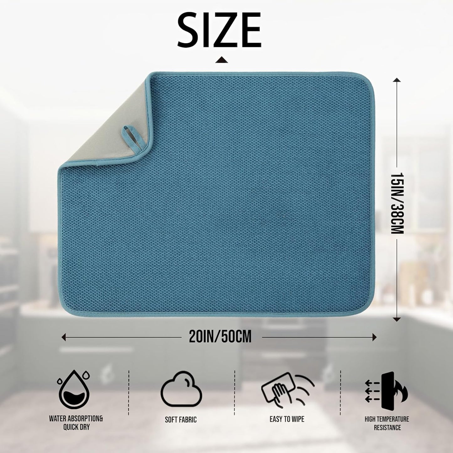 2 Pack Microfiber Dish Drying Mat for Kitchen Counter,Ultra Absorbent Dish Drainer Mat ,Dish Drying Pad ,Dish Rack Mat 20×15 Inch (Blue)