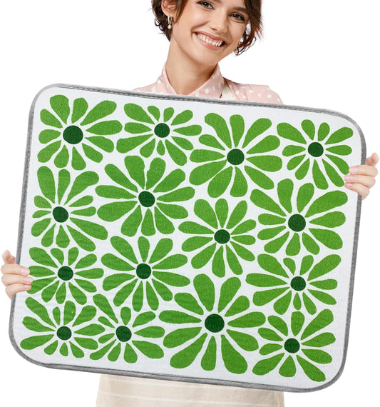SHIYUE Dish Drying Mat for Kitchen Counter Super Absorbent Spring Kitchen Decor Microfiber Drying Matainers Rack Fast Pad Dish Drainer Mats(Cute Green Flower,18''x24'')
