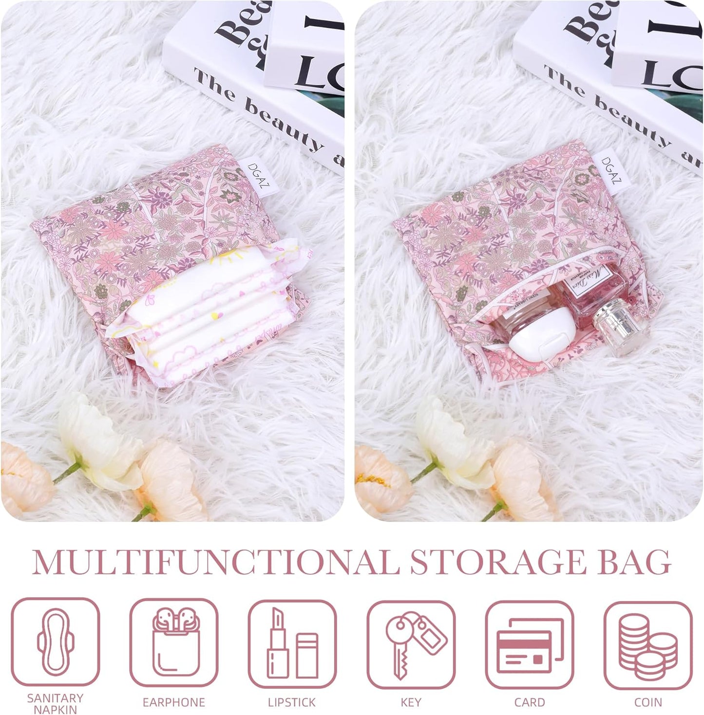 DGAZ Sanitary Napkin Storage Bag, Period Bag for Teen Aged Girls, Portable Period Bag for Panty Liners/Menstrual Cup/Small Tampons，Mini Makeup Bag for Purse(Peach Blossoms)